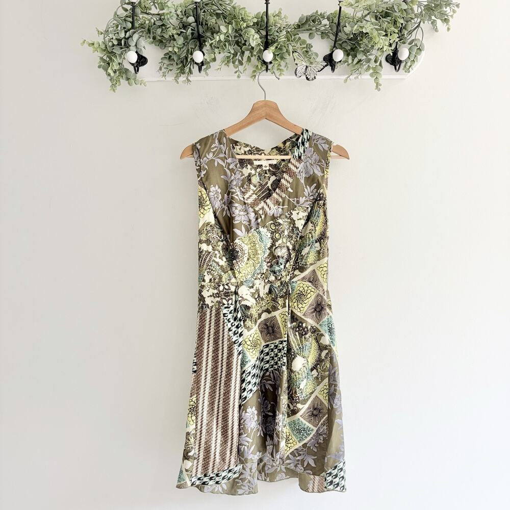 Women’s Burning Torch Silk whimsy Dress Green Floral M z 5683 fairy core